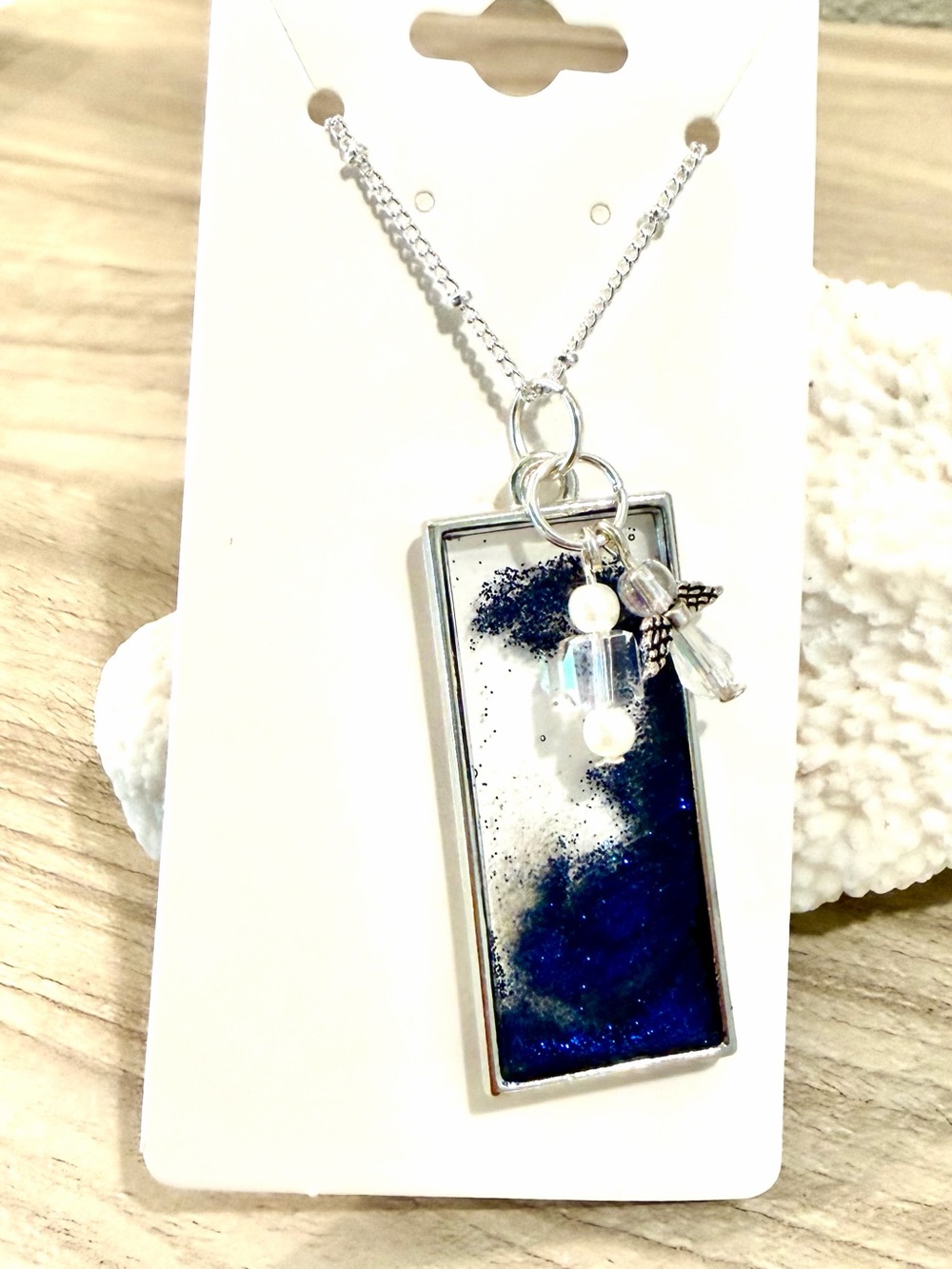 38. Silver-tone Blue wave Rectangle Necklace with Crystal Accents and an angel